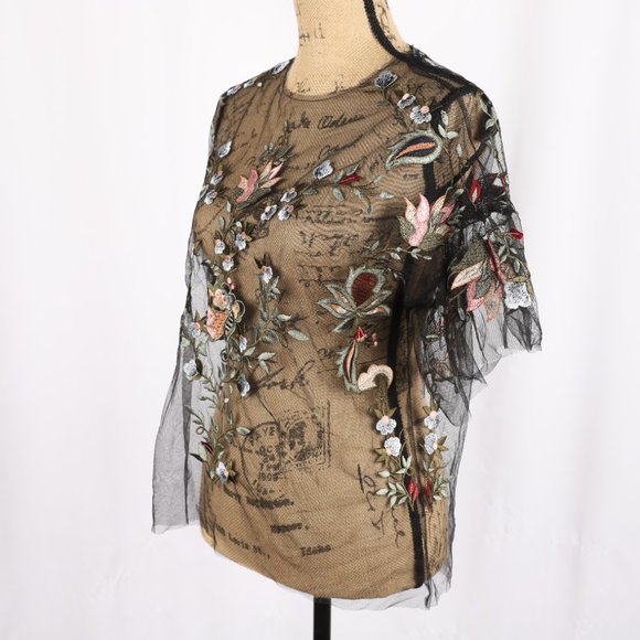 Zara Floral Embroidered Sheer Top Small - Picture 8 of 12